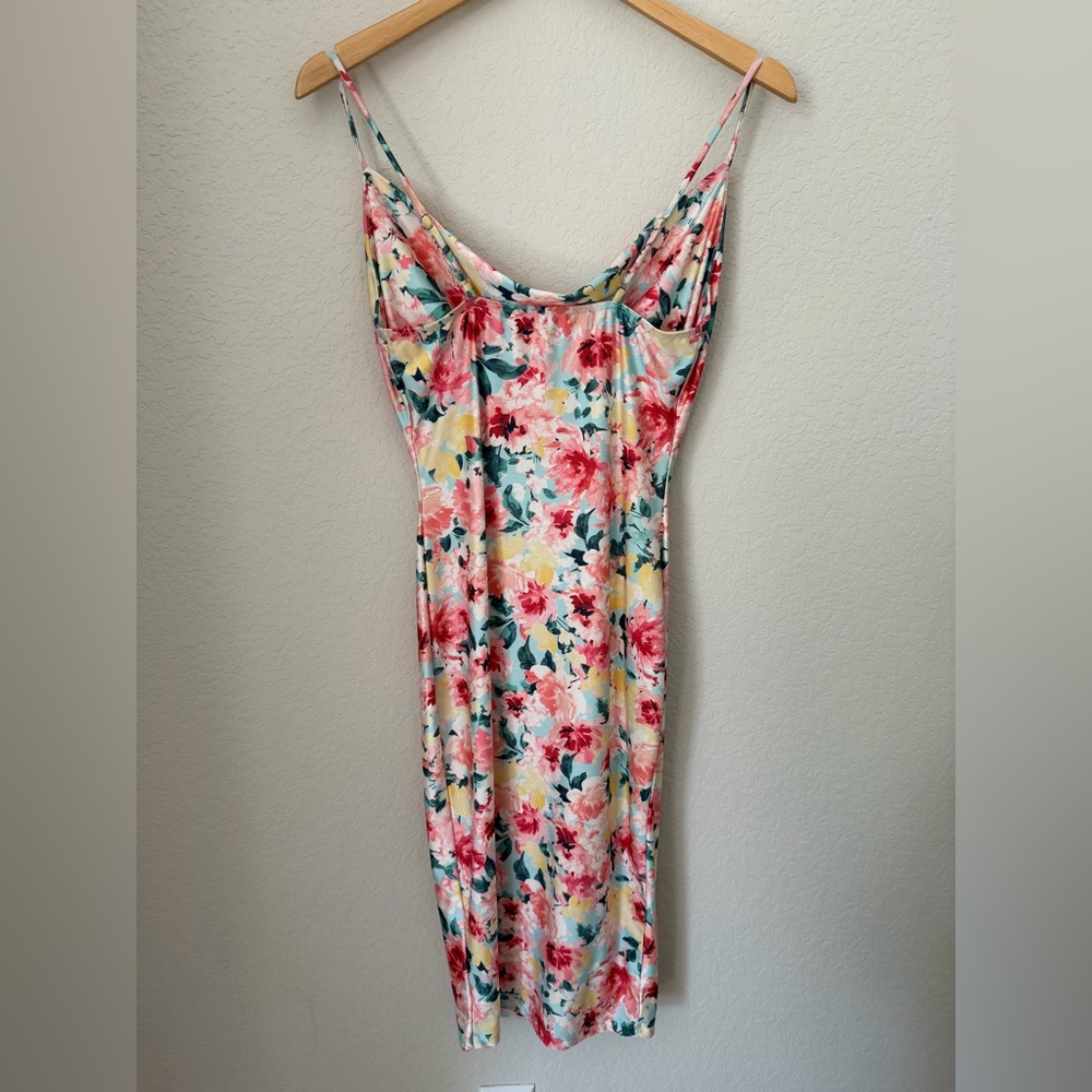 Iris Floral Cowl Neck Bodycon Mini Dress Size Small Pastel Pink Blue - Picture 3 of 10